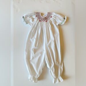 Classic White Baby One-Piece with Red & Green Smocked Neckline